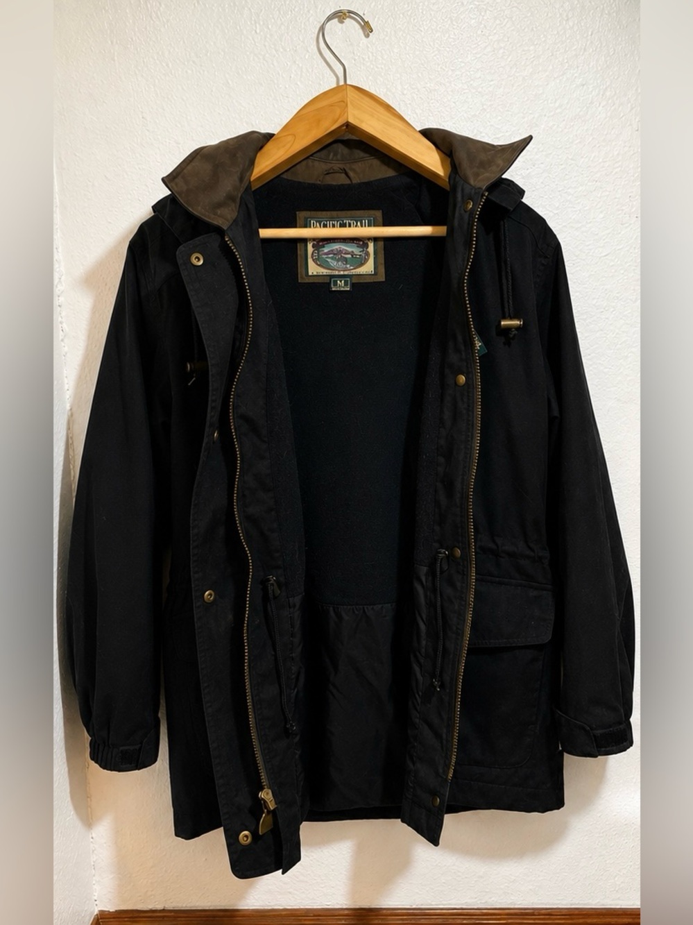 90s Pacific Trail Canvas Leather Outdoor Field Jacket with Hood in Black Size M - Picture 2 of 13